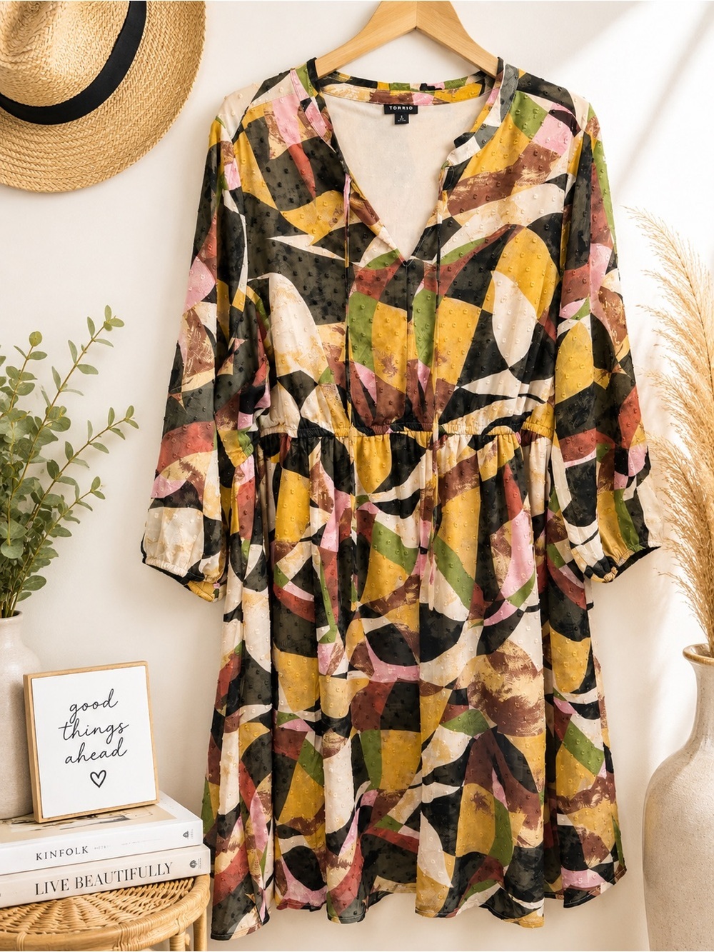 TORRID Abstract Multi-Color V-Neck Babydoll Dress